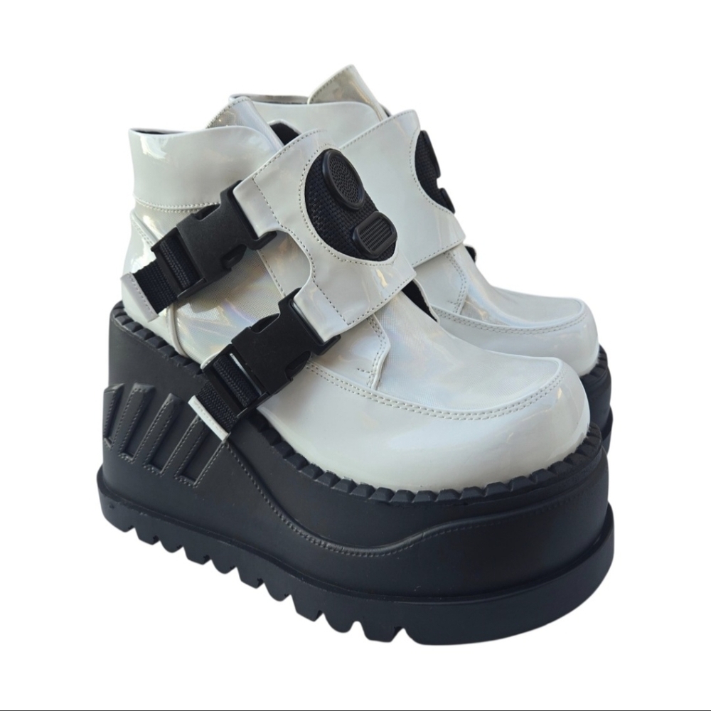 Demonia Stomp-15 White Patent Platform Boots - image 1